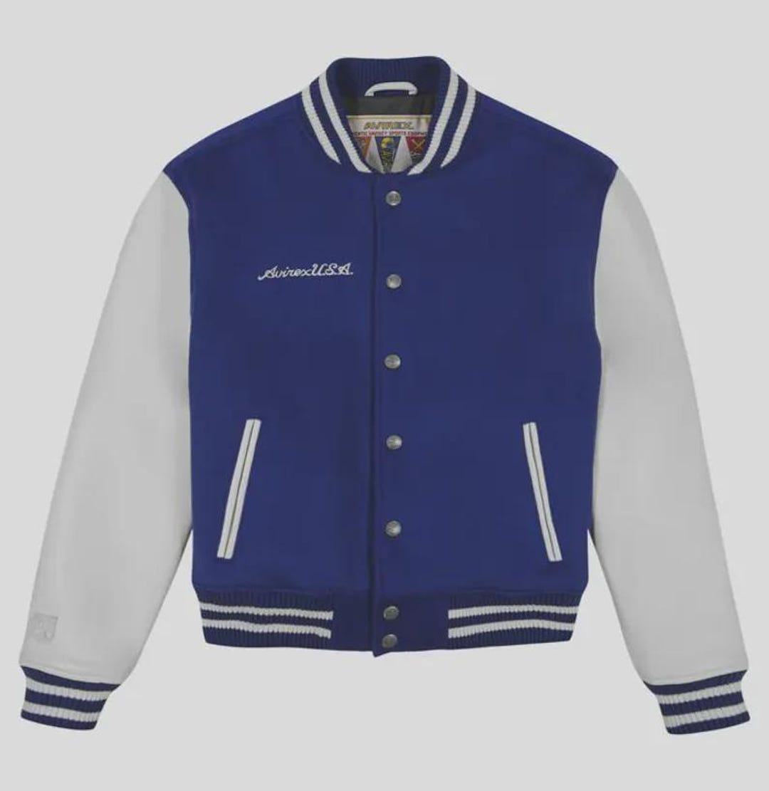 Avirex USA Varsity Jacket Blue Wool White Leather Sleeves Retro