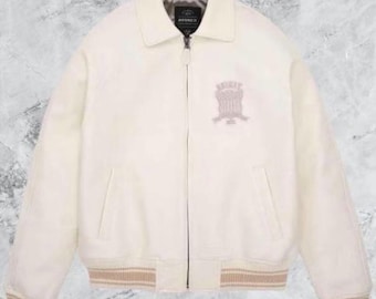 Chaqueta bomber clásica en blanco roto con logotipo bordado
