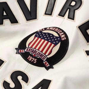 Puede incluir: Primer plano de una chaqueta blanca con letras y parches negros. Los parches incluyen un emblema con la bandera estadounidense y el texto "ALL AMERICANS ESTABLISHED 1975 N.Y."