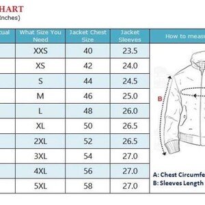 May include: Men's size chart with measurements in inches. Includes chest size, jacket size, and sleeve length. A diagram illustrates how to measure chest circumference and sleeve length for jackets.