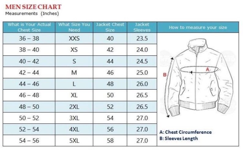 May include: Men's size chart with measurements in inches. Includes chest size, jacket size, and sleeve length. A diagram illustrates how to measure chest circumference and sleeve length for jackets.