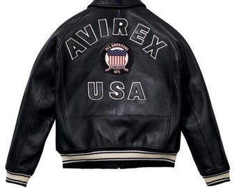 Classic Black Avirex Leather Bomber Jacket with Patch Detailing