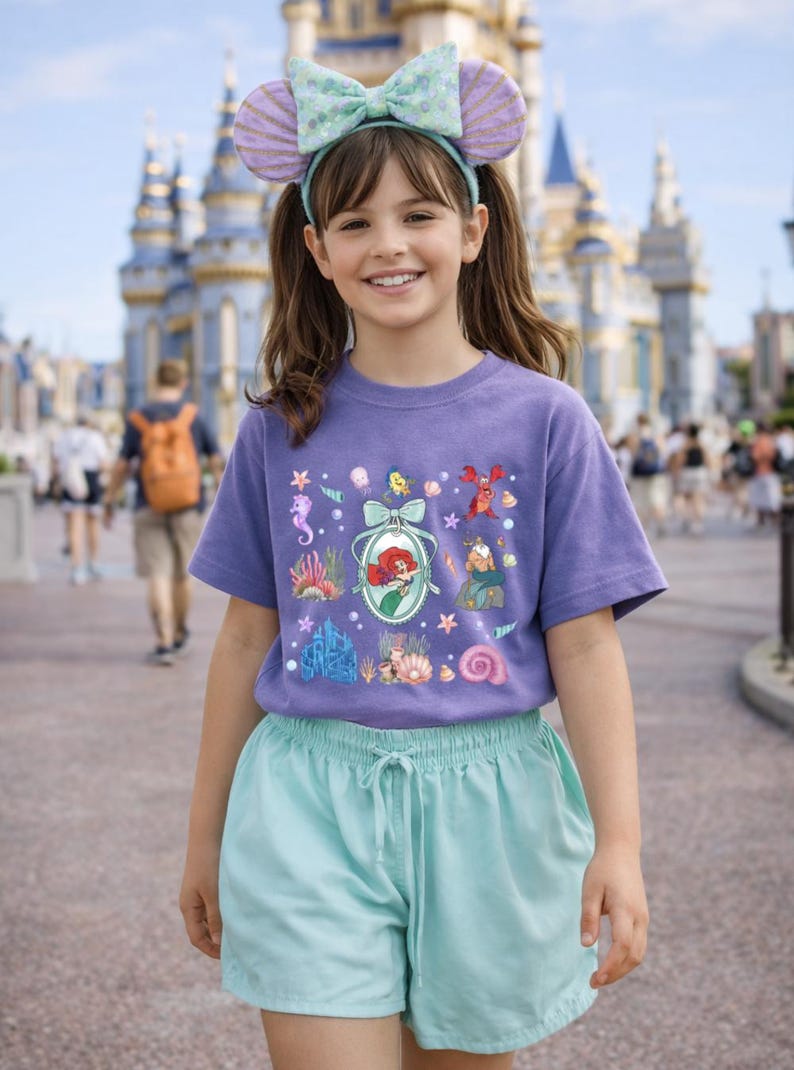 Chemise princesse petite sirène, chemise voyage Disney pour filles, t-shirt anniversaire sirène, chemise jeunesse inspirée d'Ariel, T-shirt vacances en famille Opcion C