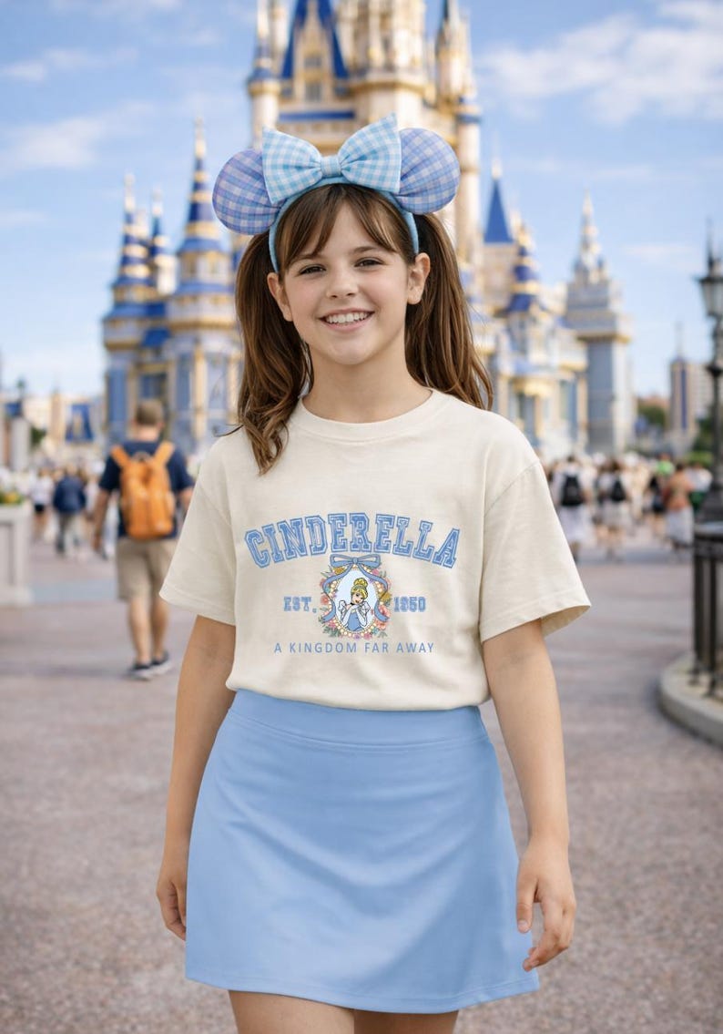 May include: A young person wearing a cream-colored t-shirt with the word "Cinderella" in blue, along with a graphic of Cinderella. The person is also wearing a light blue skirt and a blue and white plaid bow headband. The background features a castle.