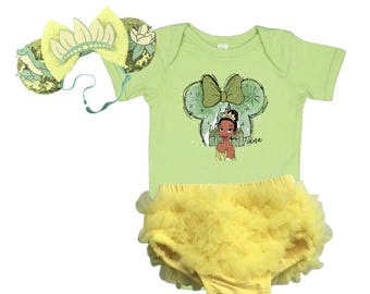 Tiana Princess Baby Outfit | Cake Smash Set with Ruffle Bloomer & Mickey Ears, Disney trip baby costume