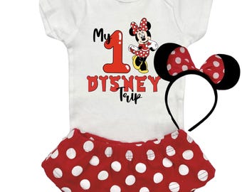 My First Disney Trip Outfit – Baby Girl Minnie Mouse Set with Polka Dot Skirt & Bodysuit Soft Comfortable look.