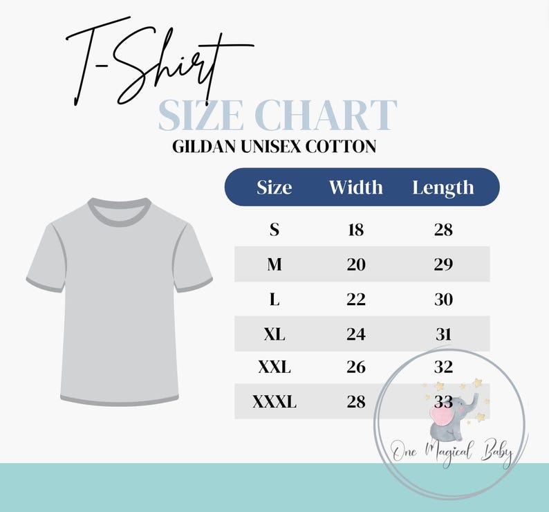 May include: A light gray t-shirt graphic with a size chart. The chart lists sizes S to XXXL, with corresponding width and length measurements in inches. The text "T-Shirt" is at the top, and "GILDAN UNISEX COTTON" is below.