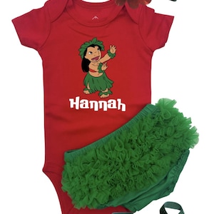Personalized Baby Lilo Outfit – Magic Kingdom Birthday Set, Red Bodysuit with Green Ruffle Bottoms, Baby Girl Disney Trip Clothes