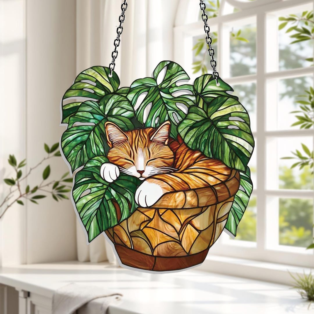 Orange Cat Monstera Ornament, Fade Resistant Acrylic Window Hanging ...
