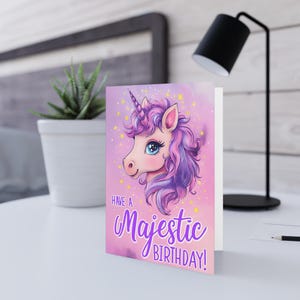 Eenhoorn verjaardagskaart voor kinderen, fijne verjaardag, schattige paarse wenskaart, magisch en leuk, gratis verzending