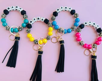 Mama Beaded Wristlet Keychain | Silicone Bead Keychain Bracelet with Tassel | Mom Gift | Leopard Print Wristlet | Personalized Mama Gift
