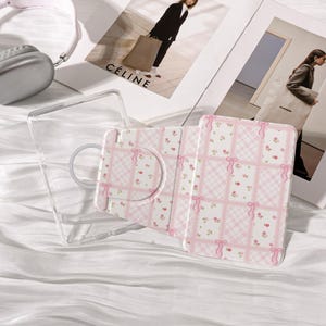Pink Ribbon Check Customizable Kindle Case for 2026 , Paperwhite 12/11/10th, Sweet Floral Grid Cover With Personalized Name, Girly Bookworms