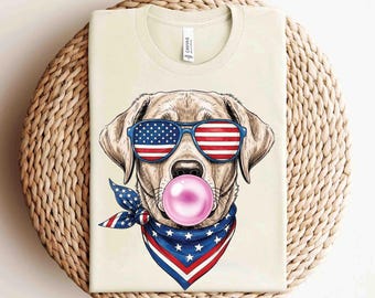 Bubble Gum Labrador Dog T-Shirt, 4th of July Labrador Retriever Shirt, Patriotic Lab dog Sunglasses Bandana, Cute 4th of July Gift