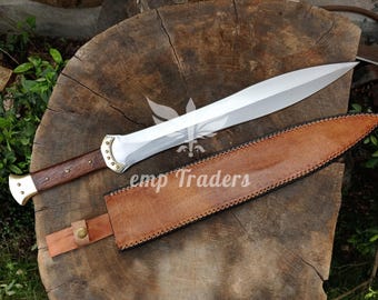 24 Inch Long Full Tang Hand Forged Carbon Steel Double Edge Celtic Sword With Leather Sheath