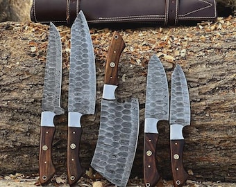 Set Of 5 Customized Handmade Damascus Steel Full Tang Kitchen Set, Chef Set With Leather Roll
