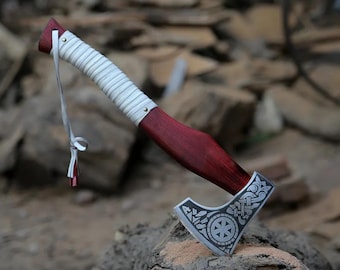 Hacha vikinga de acero al carbono forjada a mano de 45 cm de largo con caja de madera, hacha barbuda, hacha vikinga personalizada con funda de cuero.