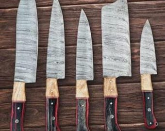Set Of 5 Customized Handmade Damascus Steel Full Tang Kitchen Set, Chef Set With Leather Roll