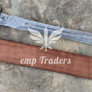 Espada vikinga de doble filo de acero de Damasco forjado a mano de 81 cm de largo con funda de cuero. imagen 2