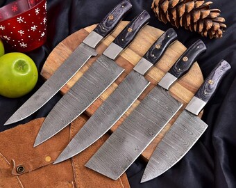 Set Of 5 Customized Handmade Damascus Steel Full Tang Kitchen Set, Chef Set With Leather Roll