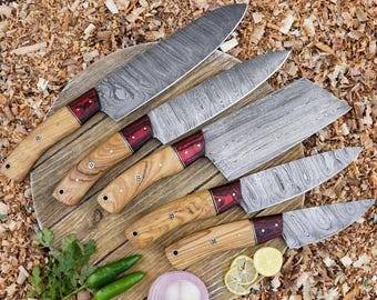 Set Of 5 Customized Handmade Damascus Steel Full Tang Kitchen Set, Chef Set With Leather Roll