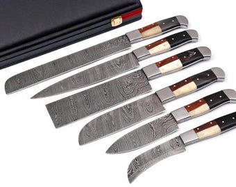 Set Of 6 Customized Handmade Damascus Steel Full Tang Kitchen Set, Chef Set With Leather Roll
