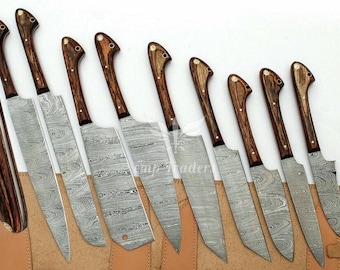 Set Of 9 Customized Handmade Damascus Steel Full Tang Kitchen Set, Chef Set With Leather Roll