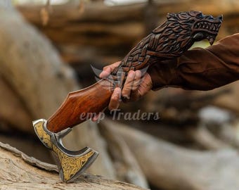 18 Inch Long Handmade Carbon Steel Wolf Engraving Viking Axe With Wooden Box, Bearded Axe, Custom Viking Axe With Leather Sheath