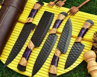 Set Of 5 Customized Handmade Carbon Steel 1095 Full Tang Kitchen Set, Chef Set With Leather Roll