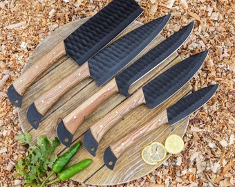Set Of 5 Customized Handmade Carbon Steel 1095 Full Tang Kitchen Set, Chef Set With Leather Roll