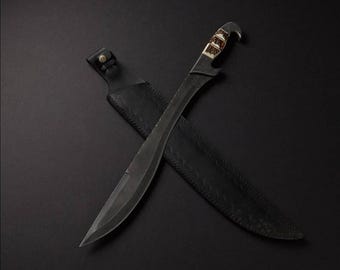 23 Inch Long Full Tang Hand Forged Damascus Steel Machete With Sheath, Stag Horn Grip, Gift For Him, Birthday Gift