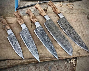 Set Of 5 Customized Handmade Damascus Steel Full Tang Kitchen Set, Chef Set With Leather Roll