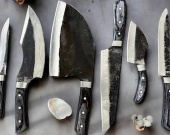 Set Of 6 Customized Handmade Carbon Steel 1095 Full Tang Kitchen Set, Chef Set With Leather Roll