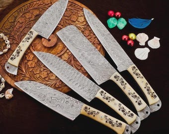 Set Of 5 Customized Handmade Damascus Steel Full Tang Kitchen Set, Chef Set With Leather Roll