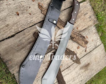 Machete artigianale in acciaio al carbonio forgiato a mano da 22 pollici con codolo intero e fodero in pelle