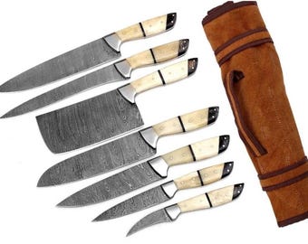 Set Of 7 Customized Handmade Damascus Steel Full Tang Kitchen Set, Chef Set With Leather Roll