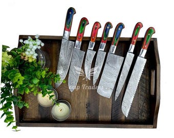 Set Of 7 Customized Handmade Damascus Steel Full Tang Kitchen Set, Chef Set With Leather Roll