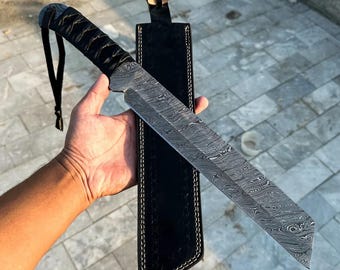 16 Inch Long Full Tang Hand Forged Damascus Steel Bush craft Machete With Leather Sheath