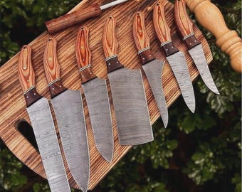 Set Of 7 Customized Handmade Damascus Steel Full Tang Kitchen Set, Chef Set With Leather Roll