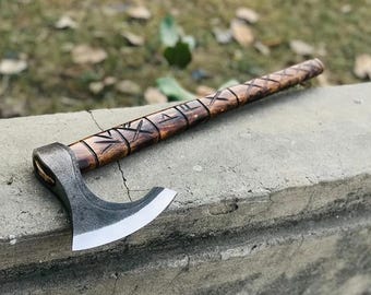 18 Inch Handmade Engraved Viking Axe with Rose Wood Handle | Gift For Dad, Christmas gift, WediiGift With Wooden Box And Sheath