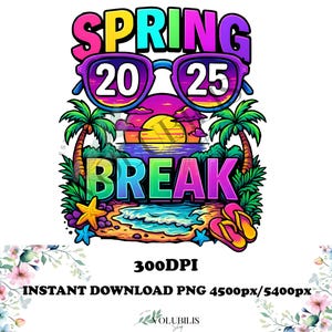 Peut inclure: Une illustration colorée d'un design de vacances de printemps avec le texte "SPRING 2025 BREAK" et des lunettes de soleil avec des palmiers et une scène de plage.