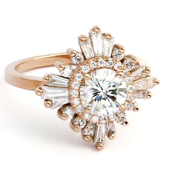 Original anillo de Gatsby - Art Deco, compromiso, encargo confeccionar, aniversario, cóctel - blanco zafiros, diamantes, Moissanite, morganita