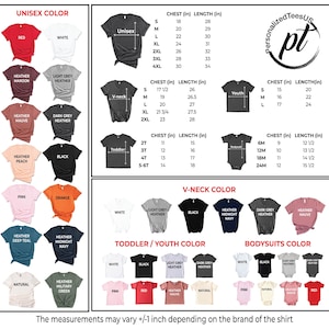 Puede incluir: Imagen de un producto que presenta una tabla de colores para camisetas unisex, con cuello en V, para ni&ntilde;os peque&ntilde;os, j&oacute;venes y bodies. La tabla muestra varios colores y medidas de tallas en pulgadas. El texto en la parte inferior dice: "Las medidas pueden variar +/-1 pulgada seg&uacute;n la marca de la camiseta."