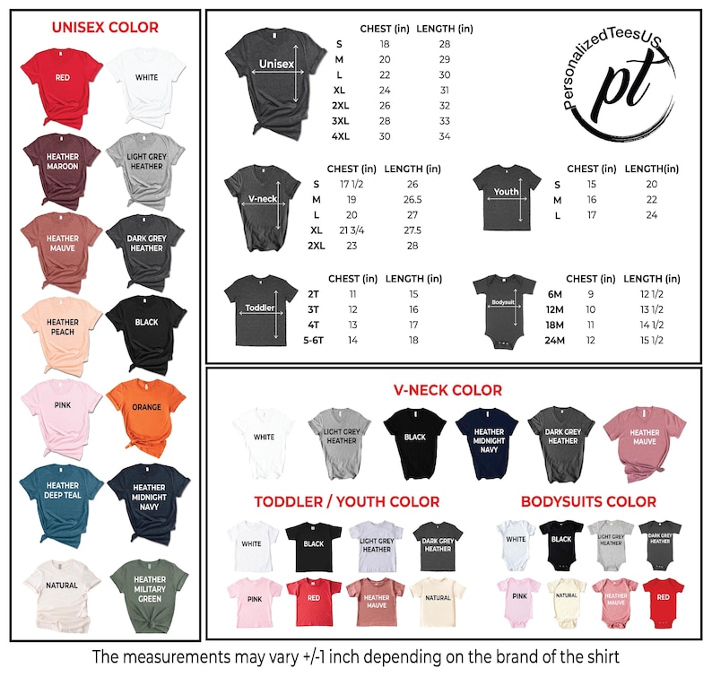 Puede incluir: Imagen de un producto que presenta una tabla de colores para camisetas unisex, con cuello en V, para ni&ntilde;os peque&ntilde;os, j&oacute;venes y bodies. La tabla muestra varios colores y medidas de tallas en pulgadas. El texto en la parte inferior dice: "Las medidas pueden variar +/-1 pulgada seg&uacute;n la marca de la camiseta."