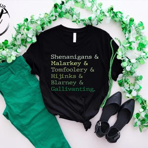 May include: Black t-shirt with the text "Shenanigans & Malarkey & Tomfoolery & Hijinks & Blarney & Gallivanting" in green. The shirt is paired with green pants and black shoes, decorated with green and white garland.