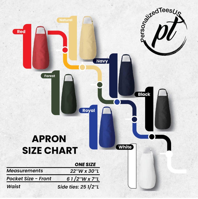 May include: Apron size chart showing different colour options: red, forest, natural, royal, navy, white, and black. The apron is 22 inches wide by 30 inches long, with a 6 1/2 inch by 7 inch pocket and 25 1/2 inch side ties.