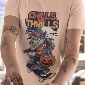 Retro Horror Tee | Halloween Wolf | Vintage Horror | Skater Werewolf | Spooky Streetwear | Horror Graphic Tee | Wolf Skateboard | Unisex Tee