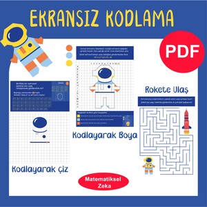 May include: A blue educational poster with the text "EKRANSIZ KODLAMA" and illustrations of an astronaut, a rocket, and a maze. The poster includes the text "Kodlayarak Boya", "Kodlayarak çiz", and "Matematiksel Zeka".