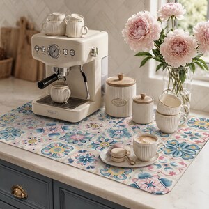 Floral Tile Coffee Bar Mat, Absorbent Non-Slip Espresso Machine Decor