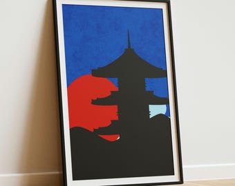 Japanese Pagoda Print Minimalist Zen Wall Art, Meditative Landscape Digital Download, Home Decor