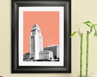 May include: A black framed print with a peach background featuring a black and white illustration of the Los Angeles City Hall building. The text "LOS ANGELES" is printed in white below the building.